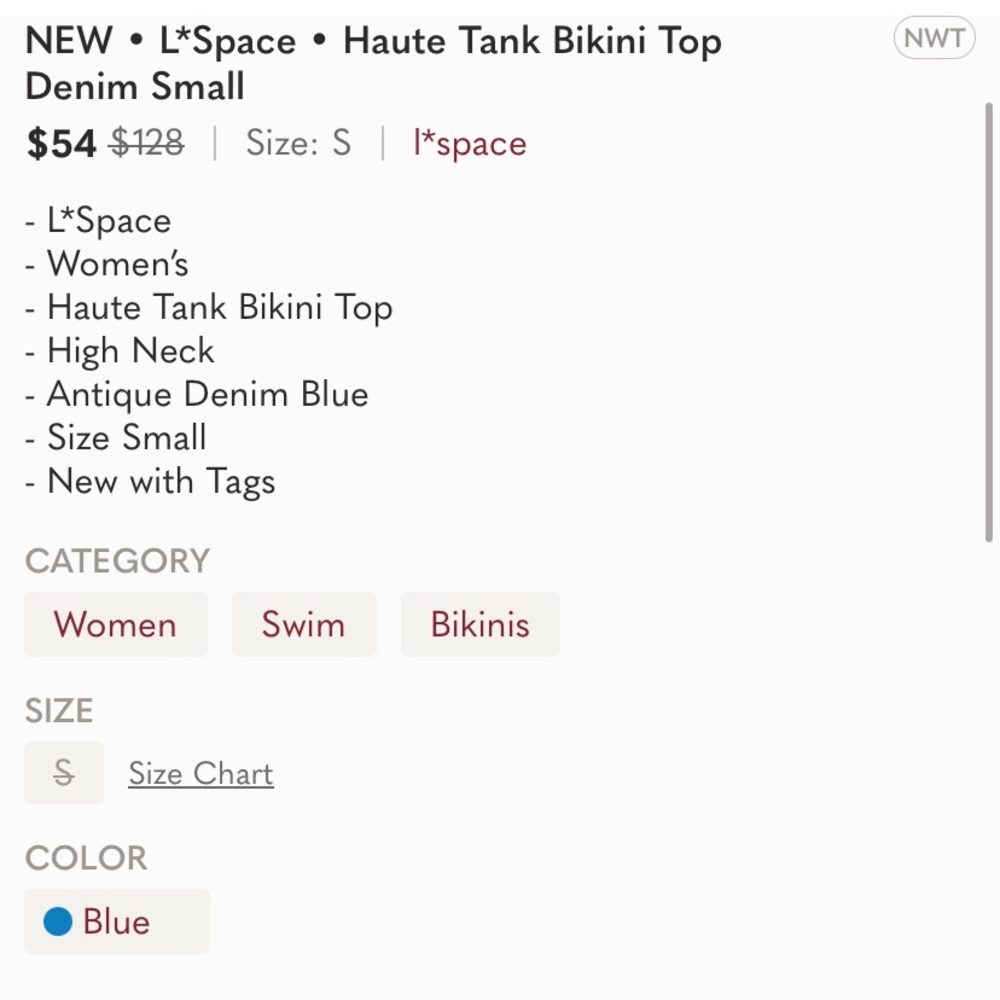 NEW • L*Space • Haute Tank Bikini Top Denim Small - Picture 3 of 3